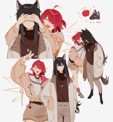 2girls absurdres ahoge animal_ears arknights arm_hug black_hair black_shirt brown_shorts closed_eyes coat commentary cross cross_earrings earrings energy_wings english_commentary exusiai_(arknights) hair_over_one_eye halo heart highres jacket jewelry kiss locked_arms long_hair multiple_girls necklace open_mouth orange_eyes pink_jacket red_hair shirt shorts simple_background smile tail texas_(arknights) white_background white_coat white_shirt wolf_ears wolf_girl wolf_tail ylceon yuri