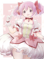 1girl bow choker collarbone dress dress_bow falling_petals frilled_dress frills gloves hair_between_eyes highres kaname_madoka kaname_madoka_(magical_girl) looking_at_viewer magical_girl mahou_shoujo_madoka_magica mahou_shoujo_madoka_magica_(anime) peke_peke_s petals pink_background pink_hair puffy_sleeves short_twintails smile solo soul_gem square_neckline twintails white_gloves