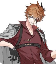 1boy black_gloves blue_eyes brown_hair cape collared_shirt commentary_request crossed_bangs genshin_impact gloves hair_between_eyes half_mask male_focus mask one_eye_covered parted_lips red_mask red_shirt shirt simple_background sleeve_cuffs smile solo tartaglia_(genshin_impact) udgg093577 upper_body white_background white_cape