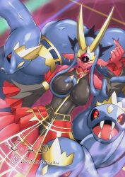1girl artist_name bare_shoulders black_shirt blue_hair blurry blurry_background breasts colored_skin covered_eyes cowboy_shot digimon digimon_(creature) forked_tongue highres large_breasts long_hair long_tongue medusamon pink_skin red_skirt sawa_d shirt skirt snake_hair solo tongue twitter_username very_long_hair