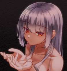 black_background collarbone degtyaryov2952 from_above grey_hair looking_at_viewer naraku naraku_2 neun_02 nude red_eyes simple_background upper_body
