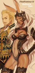 00s 1boy 1girl animal_ears balflear blonde_hair breasts rabbit_ears cleavage couple dark_skin final_fantasy final_fantasy_xii fran_(ff12) long_hair midriff short_hair thighhighs very_long_hair viera white_hair zdj