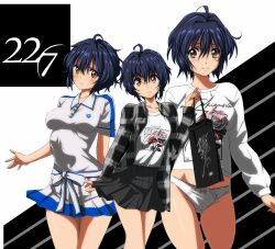 1girl 22/7 ahoge bag black_jacket black_skirt blue_hair blush brown_eyes closed_mouth collared_dress copyright_logo cowboy_shot dress gentoku highres holding holding_bag jacket long_sleeves miniskirt multiple_views open_clothes open_jacket panties plaid_clothes plaid_jacket pleated_dress pleated_skirt shirt short_dress short_hair skirt smile standing sweatdrop takigawa_miu tennis_dress underwear white_panties white_shirt