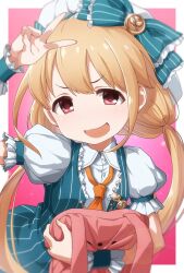 1girl :d blonde_hair blue_bow blue_dress border bow buttons dress frilled_dress frills futaba_anzu hair_bow hand_up highres holding idolmaster idolmaster_cinderella_girls kakaobataa long_hair looking_at_viewer necktie open_mouth orange_necktie outside_border puffy_short_sleeves puffy_sleeves red_eyes shirt short_sleeves smile solo striped_bow striped_clothes striped_dress v v_over_head vertical-striped_clothes vertical-striped_dress white_border white_shirt