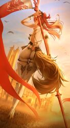 Rule 34 | 1girl, absurdres, armlet, ass, back, backless bodysuit, bare back, bare shoulders, black bow, bodysuit, boots, bow, commentary, from behind, hair bow, high heel boots, high heels, highres, holding, holding polearm, holding weapon, jewelry, long hair, looking at viewer, looking back, lupa (wuthering waves), orange sky, outdoors, pink hair, polearm, realdriedfish, sky, solo, tail, thigh boots, two-handed, weapon, white bodysuit, white boots, wolf tail, wrist guards, wuthering waves, yellow eyes
