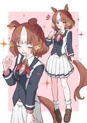 1girl absurdres amane_ito animal_ears belno_light_(umamusume) black_jacket blazer bow brown_hair brown_shoes commentary dress_shirt ear_ribbon ears_down hair_ornament highres horse_ears horse_girl horse_tail horseshoe_ornament jacket kasamatsu_tracen_school_uniform letter_hair_ornament loafers long_sleeves looking_at_viewer miniskirt multicolored_jacket multiple_views neck_ribbon notice_lines open_mouth pink_sweater pleated_skirt red_ribbon ribbon school_uniform shirt shoes short_hair skirt smile socks sparkle standing sweater tail tearing_up two-tone_jacket umamusume umamusume:_cinderella_gray white_hair white_jacket white_shirt white_skirt white_socks wing_collar