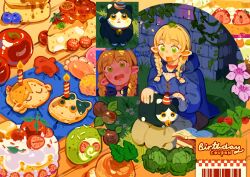 0waff537 1girl animal animal_collar animal_on_lap bell birthday blonde_hair blue_cloak blue_shirt blunt_bangs blush_stickers book book_stack boots braid breasts brown_boots brown_pants cake candle cat cat_on_lap cheesecake choker cleavage cloak collar collarbone commentary cookie coupon cross-laced_clothes cross-laced_top dumpling dungeon_meshi elf english_commentary eyelashes fire food grass green_eyes hair_over_shoulder happy hat highres hood hood_down hooded_cloak izutsumi jiaozi kneeling leaf long_hair long_sleeves loose_hair_strand marcille_donato multiple_views neck_bell on_lap open_book open_mouth pants party_hat petting plant pointy_ears red_choker red_collar red_hat shadow shirt strawberry_shortcake striped_hat swiss_roll tareme twin_braids vines wavy_mouth