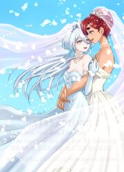 2girls blue_eyes blue_sky commentary_request dress elbow_gloves falling_petals gloves grey_eyes gundam gundam_suisei_no_majo highres jewelry kanesada_keishi miorine_rembran multiple_girls off-shoulder_dress off_shoulder open_mouth petals red_hair ring sky smile strapless strapless_dress suletta_mercury thick_eyebrows watermark wedding_dress wedding_ring white_dress white_gloves white_hair wife_and_wife yuri