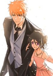 Rule 34 | 1boy, 1girl, black hair, black necktie, black pants, black vest, bleach, collared shirt, dress, hair ornament, highres, holding another&#039;s arm, jewelry, kuchiki rukia, kurosaki ichigo, necklace, necktie, orange eyes, orange hair, pants, pink dress, purple eyes, shirt, simple background, sleeveless, sleeveless dress, smile, spiked hair, star (sr67305775), upper body, vest