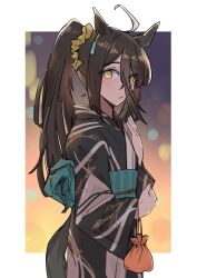 Rule 34 | 1girl, :/, absurdres, alternate hairstyle, animal ears, bag, blue sash, ear ornament, ear tag, earrings, hair between eyes, hair ornament, hair scrunchie, hand up, high ponytail, highres, horse ears, horse girl, horse tail, jewelry, long hair, long hair between eyes, long sleeves, looking at viewer, manhattan cafe (umamusume), mitsune (3chune), obi, orange scrunchie, ponytail, sash, satchel, scrunchie, single earring, solo, summer festival, tail, umamusume, very long hair, wide sleeves, yellow eyes