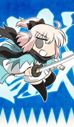 1girl ahoge aqua_haori black_bow black_scarf black_thighhighs blue_background blue_theme bow chibi chibi_only commentary fate/grand_order fate_(series) full_body grey_eyes hair_bow haori holding holding_sheath holding_sword holding_weapon japanese_clothes katana keikenchi looking_at_viewer no_nose official_art okita_souji_(fate) okita_souji_(koha-ace) open_mouth pink_hair scarf sheath shinsengumi short_hair sidelocks smile solo sword thighhighs third-party_source translation_request weapon