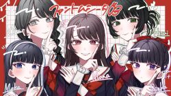 5girls aegyo_sal black_hair blue_eyes blue_nails bow braid brown_hair brown_nails character_name closed_mouth commentary_request drop_shadow green_eyes green_nails grey_eyes hair_bow hairband half_updo highres hisui_(phantom_siita) index_finger_raised long_hair long_sleeves miu_(phantom_siita) moka_(phantom_siita) mona_(phantom_siita) multiple_girls nail_polish oyashirazu_(adochan_daisuki) phantom_siita purple_eyes red_bow red_eyes rinka_(phantom_siita) short_hair twin_braids white_hairband