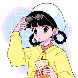 Rule 34 | 1girl, black hair, blue eyes, braid, braided hair rings, cardigan, checkered clothes, checkered shirt, colored skin, earrings, eyewear on head, food, fujishima moyu, hair rings, hat, holding, holding food, jewelry, long sleeves, looking at viewer, orange-framed eyewear, original, parted lips, pink skin, shirt, signature, solo, white hat, yellow cardigan