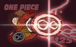 1boy absurdres attack black_hair boots clenched_hands coat commentary_request copyright_name full_body gloves hat headphones highres katsumi_ishizuka male_focus monkey_d._luffy one_piece orange_shorts red_coat red_gloves shorts smile solo straw_hat