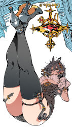 1girl ass breasts commentary_request cross cross_hair_ornament earrings full_body gloves grey_gloves grey_hair grey_shorts grey_thighhighs hair_ornament high_heels highres jewelry kafun looking_at_viewer medium_breasts medium_hair original puffy_short_sleeves puffy_sleeves red_eyes shirt shoes short_sleeves shorts solo thigh_strap thighhighs underboob upside-down upside-down_text white_shirt