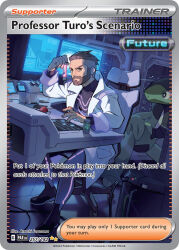 Rule 34 | 1boy, artist name, blanco026, bodysuit, bright pupils, brown eyes, brown hair, cable, card (medium), chair, character name, closed mouth, company name, copyright name, copyright notice, cyclizar, desk, english text, facial hair, holding, indoors, jacket, lab coat, male focus, microscope, monitor, nintendo, official art, open clothes, open jacket, pokemon, pokemon (creature), pokemon card, pokemon sv, pokemon tcg, short hair, sitting, third-party source, trading card, turo (pokemon), very short hair, white jacket, white pupils