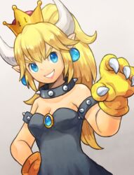 1girl animal_hands armlet bare_shoulders blonde_hair bowsette breasts cleavage collar crown gloves grey_background grin jewelry looking_at_viewer mario_(series) new_super_mario_bros._u_deluxe nintendo paw_gloves pointy_ears ponytail smile solo spiked_armlet spiked_collar spikes super_crown yanedx