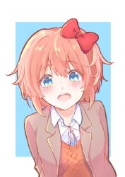 blue_background blue_eyes blush bow breasts brown_hair doki_doki_literature_club doki_doki_literature_club_school_uniform formal_clothes grey_suit hair_bow highres looking_at_viewer medium_hair open_mouth orange_vest raised_eyebrows red_bow salmon3630 sayori_(doki_doki_literature_club) school_uniform shirt small_breasts suit teeth upper_body upper_teeth_only vest white_background white_shirt