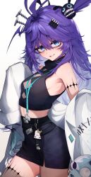 Rule 34 | 1girl, absurdres, ahoge, armpits, asymmetrical legwear, belt, black belt, black shirt, black skirt, blue eyes, breasts, coat, cropped shirt, dr.nova(e), getto, hair ornament, hashtag-only commentary, highres, id card, lab coat, lanyard, long hair, long sleeves, looking at viewer, mad scientist, messy hair, midriff, miniskirt, object through head, one side up, open clothes, open coat, parted lips, purple hair, screw in head, sharp teeth, shirt, sideboob, simple background, single leg pantyhose, single thighhigh, skirt, sleeveless, sleeveless shirt, sleeves past fingers, sleeves past wrists, small breasts, smile, solo, teeth, thighhighs, v4mirai, virtual youtuber, white background, white coat
