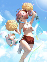1girl absurdres aoba_ao aqua_eyes aqua_hair armpits blue_sky breasts cheerleader commentary_request crop_top drill_hair highres holding holding_polearm holding_weapon honkai:_star_rail honkai_(series) hyacine_(honkai:_star_rail) leg_up little_ica_(honkai:_star_rail) medium_hair multicolored_hair navel one_eye_closed outdoors parted_lips pegasus pink_hair polearm red_shorts shoes short_shorts shorts sky small_breasts stomach twin_drills two-tone_hair weapon white_shoes