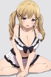 1girl bang_dream! barefoot bikini black_bow blonde_hair bow breasts brown_eyes cleavage collar grey_background hair_ornament highres ichigaya_arisa long_hair looking_at_viewer navel noshimurin open_mouth simple_background solo stomach swimsuit twintails white_bikini x_hair_ornament