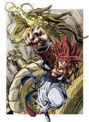 Rule 34 | 1boy, blue eyes, blue sash, body fur, charging forward, clenched hands, dougi, dragon, dragon ball, dragon ball gt, dragon ball z dokkan battle, dragon fist (dragon ball), eastern dragon, gogeta, gold scales, gold skin, golden dragon, incoming attack, long hair, looking at viewer, male focus, metamoran vest, monkey boy, monkey tail, muscular, muscular male, no nipples, open mouth, pants, pectorals, red fur, red hair, saiyan, sash, solo, spiked hair, super saiyan, super saiyan 4, tail, teeth, ushi (akabec0), wristband, yellow scales