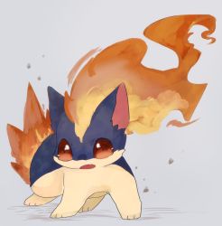 animal_focus bad_id bad_pixiv_id banchiku creatures_(company) fang fire full_body game_freak gen_2_pokemon grey_background jpeg_artifacts nintendo no_humans open_mouth pokemon pokemon_(creature) pokemon_focus quilava red_eyes simple_background solo standing