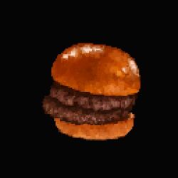 Rule 34 | beef, black background, bread bun, burger, double bun, food, food focus, hair bun, hisachan55cute, no humans, original, pixel art, simple background, still life