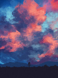 Rule 34 | 1other, bicycle, blue sky, bush, dkaism, from side, full body, grass, mountainous horizon, original, painterly, pink clouds, riding, riding bicycle, scarf, scenery, silhouette, sky, sky focus, sunset