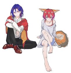 1boy 1girl amate_yuzuriha animal_ears aqua_eyes blue_hair cloak colored_inner_hair dirty fox_ears fox_girl fox_tail gundam gundam_gquuuuuux highres kemonomimi_mode knee_up long_sleeves looking_at_viewer lower_eyelashes_only multicolored_hair pants purple_hair red_eyes red_hair rizencavia shirt shoes short_hair shorts shuji_ito simple_background sitting suspenders tail two-tone_hair white_background white_shirt