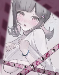 1girl :o blunt_bangs blush breasts clothes_lift danganronpa_(series) danganronpa_2:_goodbye_despair flying_sweatdrops galaga hair_ornament hands_up highres large_breasts monokuma nanami_chiaki pink_eyes shirt_lift shiton_(2016sanhime) solo spaceship_hair_ornament sweat teeth upper_teeth_only