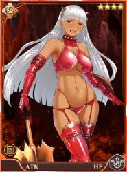 1girl character_request copyright_request dark_skin grey_eyes grey_hair looking_at_viewer lowleg lowleg_panties official_art panties smile tagme underwear weapon