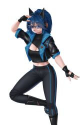 Rule 34 | 1girl, absurdres, animal ear headphones, animal ears, black jacket, blue eyes, blue hair, blue lips, boots, breasts, cat ear headphones, cat ears, cleavage, cleavage cutout, clothing cutout, fake animal ears, fingerless gloves, fortnite, gloves, headphones, highres, hope (fortnite), jacket, lipstick, makeup, mole, mole under mouth, pants, ponytail, sunglasses, takie arts, tight clothes, tight pants, white background