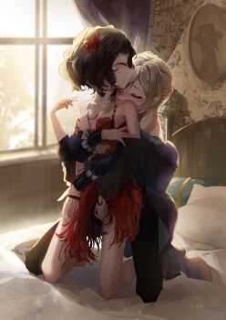 2girls absurdres arm_up armpits balsamico_su bare_shoulders bead_necklace beads bed bedroom between_legs black_hair black_pants blush breasts closed_eyes clothes_pull couple curly_hair dress feather_hair_ornament feathers frilled_sleeves frills grey_hair hair_between_eyes hair_ornament hairband hand_between_legs highres hug hug_from_behind indoors jacket jacket_partially_removed jewelry long_sleeves medium_hair multiple_girls necklace no_bra off-shoulder_dress off_shoulder on_bed painting_(object) pants pillow puffy_long_sleeves puffy_sleeves red_dress reverse:1999 schneider_(reverse:1999) shiny_skin short_hair skinny small_breasts swept_bangs vertin_(reverse:1999) yuri