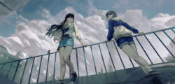 Rule 34 | 2girls, absurdres, bang dream!, bang dream! it&#039;s mygo!!!!!, belt, black hair, black shirt, black shoes, blue hoodie, blue shorts, blue skirt, brown belt, brown eyes, carton, chinese commentary, closed mouth, cloud, commentary request, earrings, floating hair, grey hair, highres, hood, hood down, hoodie, jacket, jewelry, lemtun, long hair, long sleeves, midriff peek, multiple girls, open clothes, open jacket, open mouth, purple eyes, railing, shiina taki, shirt, shoes, short hair, shorts, single earring, skirt, standing, takamatsu tomori, teeth, upper teeth only, white jacket