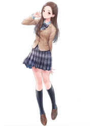 1girl absurdres arms_behind_back black_socks blue_reflection_(series) blue_reflection_sun bow brown_eyes brown_footwear brown_hair brown_jacket forehead hand_up highres hoshinomiya_girls&#039;_high_school_uniform ikoma_ayami jacket kishida_mel official_art plaid_bow plaid_clothes plaid_skirt pleated_skirt school_uniform shirt skirt socks solo standing white_background white_shirt
