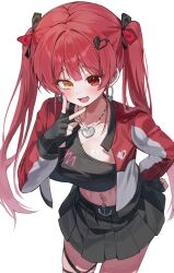 1girl black_gloves black_skirt breasts fingerless_gloves gloves heterochromia highres hololive houshou_marine large_breasts long_hair navel newda_al red_eyes red_hair simple_background skirt solo thighs twintails v white_background yellow_eyes