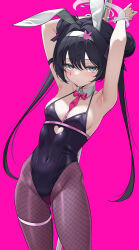 1girl absurdres animal_ear_hairband animal_ears armpits arms_up black_hair black_leotard blue_archive bound bound_wrists bow bowtie breasts brown_pantyhose censored closed_mouth covered_navel cowboy_shot cuffs detached_collar double_bun elze_(s01047480836) fake_animal_ears fishnet_pantyhose fishnets grey_eyes hair_bun hairband halo handcuffs heart heart_censor highres kisaki_(blue_archive) leotard long_hair looking_at_viewer necktie pantyhose pink_background pink_bow pink_bowtie playboy_bunny pole rabbit_ear_hairband rabbit_ears rabbit_hole_(vocaloid) short_necktie simple_background small_breasts solo stripper_pole twintails very_long_hair white_hairband
