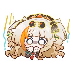Rule 34 | 1girl, bell, blank eyes, blonde hair, brown hat, chibi, chibi only, chinese clothes, commentary, emoji, english commentary, eyewear on head, hair bell, hair ornament, hand to own mouth, hat, honkai (series), honkai impact 3rd, long hair, multicolored hair, official alternate costume, official art, orange hair, solo, songque, songque (jovial deception: shadowdimmer), streaked hair, sunglasses, surprised, transparent background, two side up