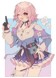 1girl acorn archery_shooting_glove badge black_choker black_corset black_gloves blue_background blue_eyes blue_jacket blue_skirt blush border breasts button_badge buttons camera choker commentary corset cowboy_shot dress_shirt earrings flower_ornament gloves gradient_background hand_on_own_hip hand_up honkai:_star_rail honkai_(series) jacket jewelry long_sleeves magott march_7th_(honkai:_star_rail) march_7th_(preservation)_(honkai:_star_rail) medium_breasts medium_hair miniskirt multicolored_eyes one_eye_closed open_mouth outside_border partially_fingerless_gloves pink_background pink_eyes pink_hair pleated_skirt shirt single_earring single_glove skirt smile solo symbol-only_commentary thigh_strap tied_jacket two-tone_eyes white_border white_shirt