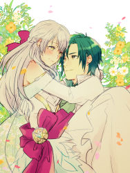1boy 1girl absurdres bare_shoulders blush bride carrying couple dress eye_contact fire_emblem fire_emblem:_radiant_dawn flower green_hair hair_ribbon half_updo hetero highres hug long_hair long_sleeves looking_at_another micaiah_(bridal)_(fire_emblem) micaiah_(fire_emblem) nintendo nishimura_(shinchinagachi) petals princess_carry ribbon silver_hair smile sothe_(fire_emblem) sothe_(groom)_(fire_emblem) wedding_dress white_background white_dress yellow_eyes
