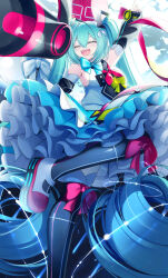 1girl 39 absurdres aqua_bow aqua_hair aqua_nails arm_up balloon black_thighhighs blush boots bow bowtie breasts closed_eyes commentary detached_sleeves dress frilled_dress frills hatsune_miku highres long_hair long_sleeves magical_mirai_(vocaloid) magical_mirai_miku magical_mirai_miku_(2018) medium_breasts megaphone official_alternate_costume official_alternate_hairstyle open_mouth pink_bow pink_bowtie shirt smile solo thighhighs twintails very_long_hair white_boots white_shirt xmxing