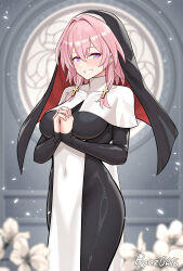 1girl absurdres artist_name bonz_(bonz0616) breasts collarbone female_focus highres honkai:_star_rail honkai_(series) light_blush looking_at_viewer march_7th_(honkai:_star_rail) medium_breasts medium_hair nun pink_hair praying standing teeth