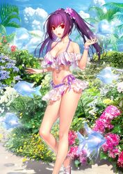 1girl :d animal bare_legs bare_shoulders bikini bikini_skirt blue_sky bracelet breasts cleavage cloud collarbone crossed_ankles fate/grand_order fate_(series) fish floating_hair flower flower_request foot_out_of_frame game_cg hair_between_eyes hair_flower hair_intakes hair_ornament halterneck hands_up jewelry koyama_hirokazu large_breasts legs long_hair looking_at_viewer navel off-shoulder_bikini off_shoulder official_art open_mouth pink_flower purple_bikini purple_flower purple_hair red_eyes sandals scathach_(fate) scathach_skadi_(fate) scathach_skadi_(swimsuit_ruler)_(fate) scathach_skadi_(swimsuit_ruler)_(first_ascension)_(fate) side-tie_bikini_bottom sidelocks sky smile solo sparkle standing stomach swimsuit third-party_source twintails variant_set white_sandals