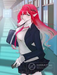 Rule 34 | 1girl, absurdres, baobhan sith (fate), black jacket, black skirt, blush, breasts, cellphone, fate/grand order, fate (series), grey eyes, hair ornament, hanatto san, highres, holding, holding phone, jacket, long hair, looking at viewer, necktie, phone, pink hair, pink necktie, pointy ears, school uniform, sidelocks, skirt, smartphone, solo