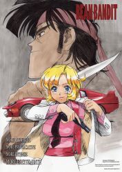 1boy 1girl bean_bandit black_hair blonde_hair blue_eyes breasts brown_eyes car closed_mouth collared_shirt cover cover_page gun gunsmith_cats handgun highres holding holding_gun holding_weapon jacket kickstarter lips long_hair looking_at_viewer medium_breasts motor_vehicle official_art pink_jacket rally_vincent_(riding_bean) riding_bean shirt short_hair skirt smile sonoda_ken&#039;ichi weapon