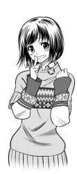 1girl black_hair blush chaos;child eibon finger_to_mouth greyscale hand_on_own_shoulder head_tilt highres long_sleeves looking_at_viewer monochrome open_mouth print_sweater shirt_under_sweater short_hair sketch sleeves_past_wrists smile solo sweater tachibana_yui