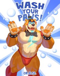 1boy abs animal_ears bara bear_boy bear_ears bow bowtie bracelet brown_fur bubble bulge cliok_(megacilok) commentary earrings english_commentary english_text fangs five_nights_at_freddy&#039;s five_nights_at_freddy&#039;s:_security_breach furry furry_male glamrock_freddy hat highres jewelry lightning_bolt_symbol looking_at_viewer male_focus male_underwear mini_hat mini_top_hat muscular muscular_male open_mouth pawpads pectorals red_male_underwear smile spiked_bracelet spikes top_hat topless_male underwear