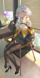 1girl absurdres black_gloves black_jacket black_pantyhose black_skirt window_blinds breasts brown_pantyhose brown_thighhighs chain computer dated desk drink drinking_straw drinking_straw_in_mouth full_body gloves hair_between_eyes high_heels highres holding holding_drink jacket juice_box knees_together_feet_apart laptop large_breasts long_sleeves looking_at_viewer medium_hair no_shoes off_shoulder on_chair open_clothes open_jacket original pantyhose plant potted_plant purple_eyes ribao shoes unworn_shoes sidelocks signature silver_hair single_shoe sitting skirt solo sweater thighhighs turtleneck turtleneck_sweater white_sweater window