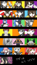 3boys 4girls :p :q ahoge beret black_hair blue_eyes blue_hair brown_eyes brown_hair chaos chaos_(xenosaga) gaignun_kukai_jr. glasses green_eyes hat heart heart_hands highres jin_uzuki joshi_kousei jr. kos-mos kos-mos_ver._4 lipstick long_hair momo_mizrahi makeup miyuki_itsumi multiple_boys multiple_girls one_eye_closed parody pink_hair red_eyes red_hair shion_uzuki short_hair silver_hair sunglasses tongue tongue_out v v_over_eye wink xeno_(series) xenosaga xenosaga_episode_i xenosaga_episode_ii xenosaga_episode_iii yellow_eyes